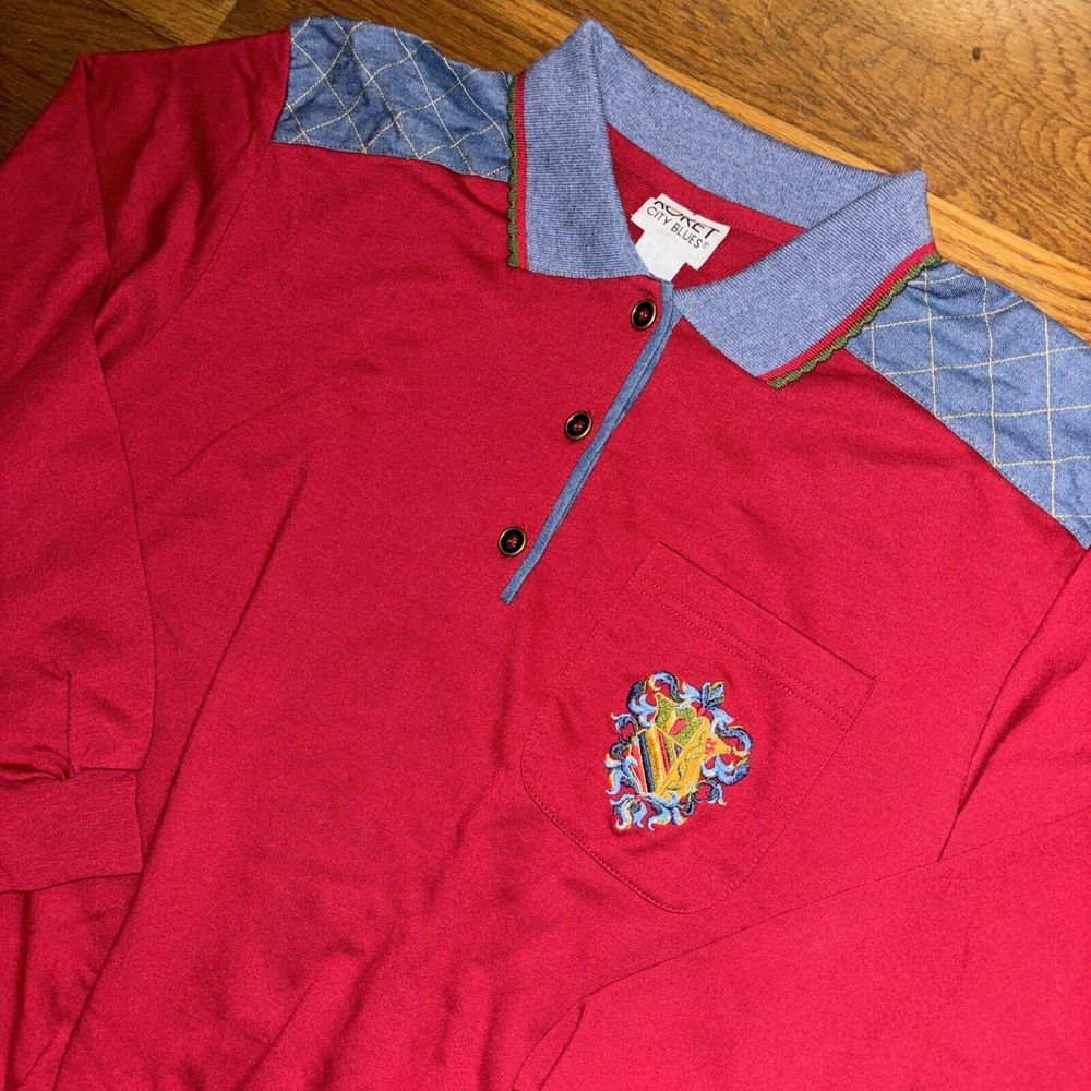 VTG Koret City Blues Womens Large LS Polo Red Floral Crest Chambray 90s Preppy